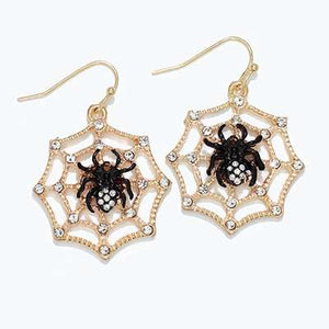 Halloween Earrings Black Spider on Gold Web