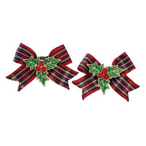 Holiday Earrings Plaid Bows with Holly