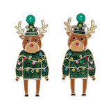 Holiday Earrings Ugly Green Sweater Rudolph with Crystals