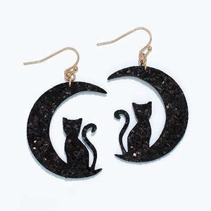 Halloween Earrings Black Cat with Moon Silhouette