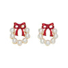Holiday Earrings Pearl Wreath with Red Bow