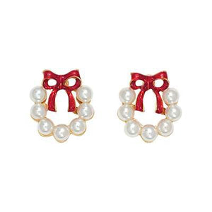Holiday Earrings Pearl Wreath with Red Bow