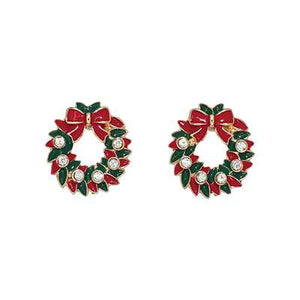 Holiday Earrings Red Green Wreath with Crystals