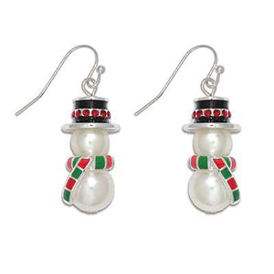 Holiday Earrings Pearlized Snowman with Black Top Hat & Scarf