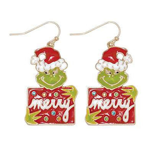 Holiday Earrings Grinch with Merry Sign
