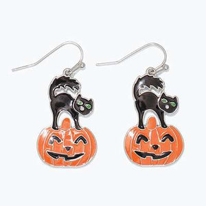 Halloween Earrings Black Cat on Jack-O-Lantern Pumpkin