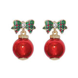 Holiday Earrings Plaid Bow with Red Ball Ornament