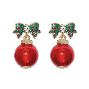 Holiday Earrings Plaid Bow with Red Ball Ornament