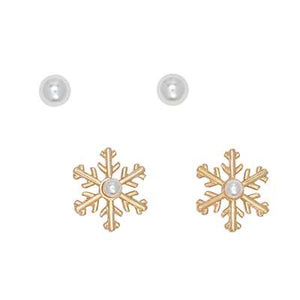 Holiday Earrings Pearl and Gold Snowflake Duo