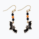 Halloween Earrings Black Bats with Orange Beads