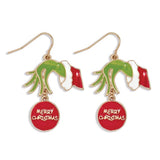 Holiday Earrings Grinch's Green Hand with Ornament