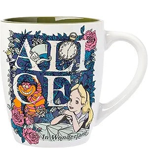 Alice in Wonderland with Cheshire Cat Collage Scene Curved Ceramic Mug, 25 Oz.
