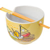 Gudetama Swimming in Ramen Ceramic Noodle Bowl with Chopsticks, 20 Oz.