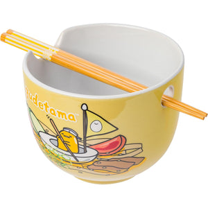 Gudetama Swimming in Ramen Ceramic Noodle Bowl with Chopsticks, 20 Oz.