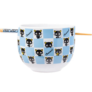 Sanrio Chococat Checker Pattern Ceramic Ramen Bowl with Chopsticks , 20 Oz.