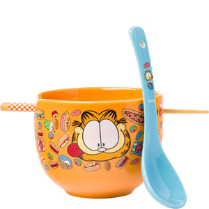 Garfield Junk Food Pattern Ceramic Ramen Bowl with Chopsticks and Spoon, 20 Oz.