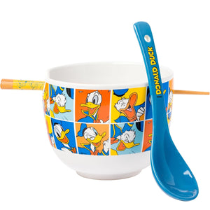 Disney Donald Duck Grid Ceramic Ramen Bowl with Chopsticks and Spoon, 20 Oz.
