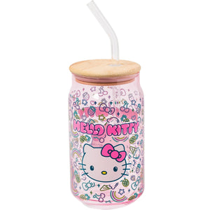 Hello Kitty Neon Fruit Glass Tumbler with Bamboo Lid , 16 Oz.