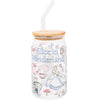Alice in Wonderland Icons Glass Tumbler with Bamboo Lid and Straw, 16 Oz.
