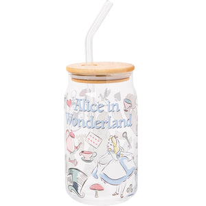Alice in Wonderland Icons Glass Tumbler with Bamboo Lid and Straw, 16 Oz.