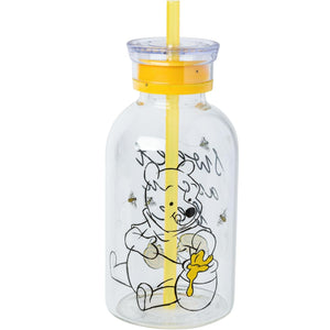 Disney Winnie the Pooh Sweet As Can Bee Glass Milk Jar with Straw, 15 Oz.
