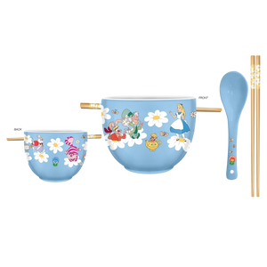 Alice in Wonderland Wild Flower Toss Ceramic Ramen Bowl with Spoon and Chopsticks, 20 Oz.