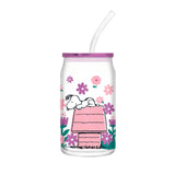 Peanuts Snoopy Laying on House Floral Pink 16 Oz. Glass Tumbler with Plastic Lid and Glass Straw