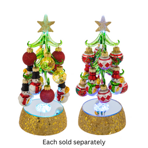 8" Light Up Glass Christmas Tree on Gold Base with 12 Ball and Snowman Ornaments