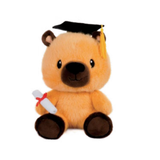 A plush teddy bear in light brown fur wearing a black graduation cap with a yellow tassel and holding a white diploma tied with a red ribbon, isolated on a white background.