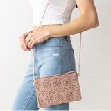 Pink Vegan Leather Top Zip Crossbody Bag with Back Pocket and Boho Laser Cutout Details 9"x6"