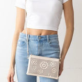 Ivory Vegan Leather Top Zip Crossbody Bag with Back Pocket and Flower Laser Cutout Details 9"x6"
