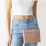 Pink Vegan Leather Top Zip Crossbody Bag with Back Pocket and Flower Laser Cutout Details 9"x6"