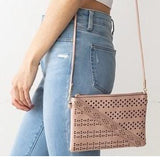 Pink Vegan Leather Top Zip Crossbody Bag with Back Pocket and Southwestern Laser Cutout Details 9"x6"