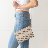 Ivory Vegan Leather Top Zip Crossbody Bag with Back Pocket and Southwestern Laser Cutout Details 9"x6"