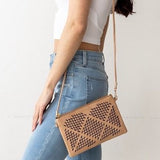 Tan Vegan Leather Top Zip Crossbody Bag with Back Pocket and Geometric Laser Cutout Details 9"x6"