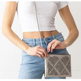 Light Gray Vegan Leather Top Zip Crossbody Bag with Back Pocket and Geometric Laser Cutout Details 9"x6"