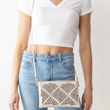 Ivory Vegan Leather Top Zip Crossbody Bag with Back Pocket and Geometric Laser Cutout Details 9"x6"