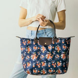 Navy Floral Foldable Tote Bag 20.5"x14.5"x7"