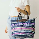 Navy Purple Boho Foldable Tote Bag 20.5"x14.5"x7"
