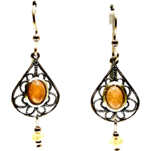 Silver Forest Filigree with Amber Stone and Drop Pierced Earrings
