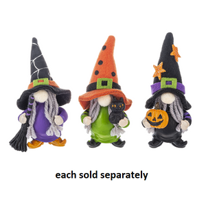 Halloween Witch Gnome with Broom Stick, Black Cat, and Jack-O-Lantern Pumpkin Mini Figurine