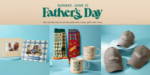 Father's Day promotional banner with gifts and cards on a blue background