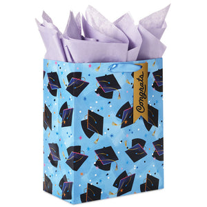 Hallmark 13" Mortarboards on Blue Large Graduation Gift Bag With Tissue Paper