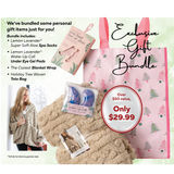 Exclusive Gift Bundle Spa Socks, Eye Gel Pads, Coziest Blanket Wrap in Pink Holiday Tree Woven Tote Bag