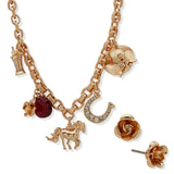 Kentucky Roses Gold Metal Charm Necklace and Rose Earrings Set