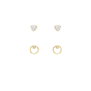 Gold Triangle CZ & Open Circle CZ Pair Duo Stud Layers Earrings