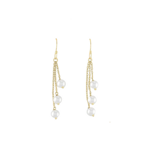 Gold Triple Pearl Dangle Layers Earrings