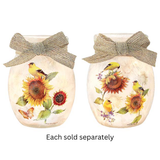 Golden Day Bird and Sunflower Pre-Lit Glass Jar with Ribbon 4.75"