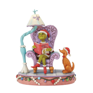 First Edition Jim Shore Grinch Reading "How the Grinch Stole Christmas" in Large Chair with Light Up Lamp Figurine 8"