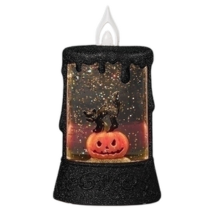 Halloween Black Cat on Jack-O-Lantern Pumpkin Shimmer Candlelight Up Water Globe